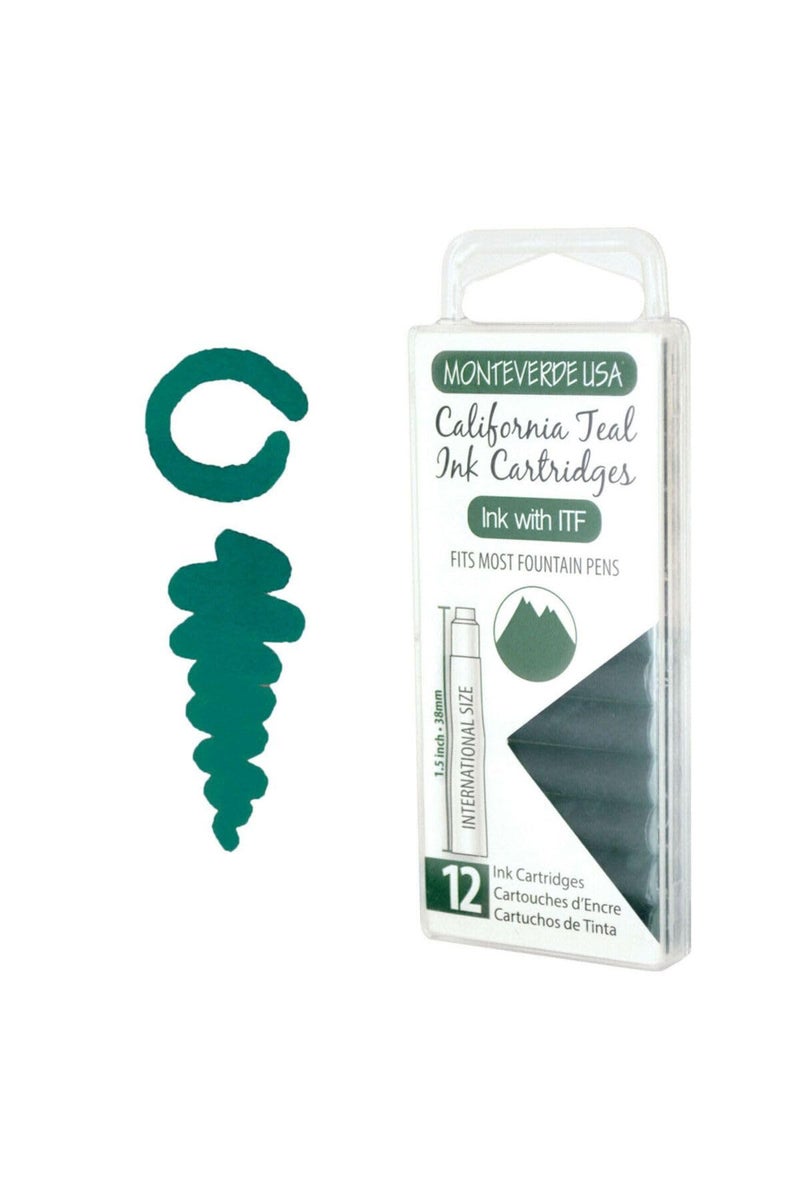 Monteverde USA International Standard Ink Cartridges - California Teal - Vibrant and Refreshing Writing Ink, Compatible with Most Fountain Pens, 12-Pack Box - Image 2